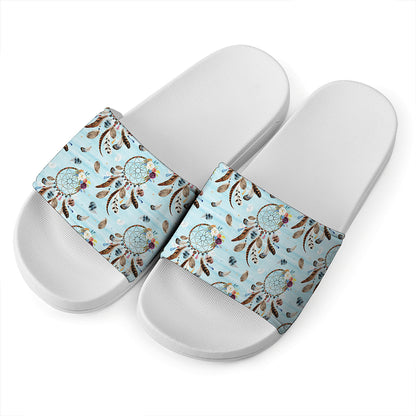Blue Indian Dream Catcher Pattern Print White Slide Sandals