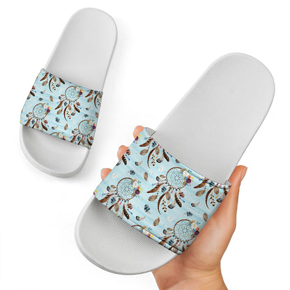 Blue Indian Dream Catcher Pattern Print White Slide Sandals