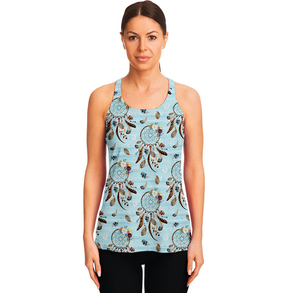 Blue Indian Dream Catcher Pattern Print Women's Racerback Tank Top