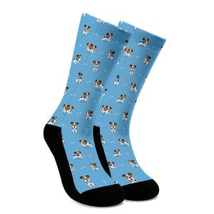 Blue Jack Russell Terrier Pattern Print Crew Socks