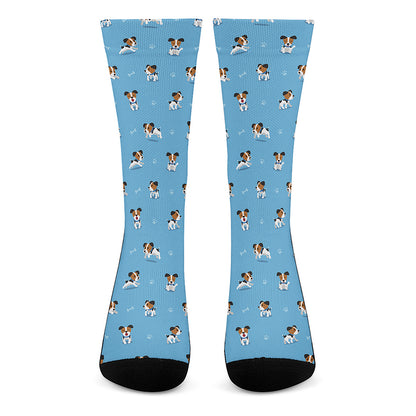 Blue Jack Russell Terrier Pattern Print Crew Socks