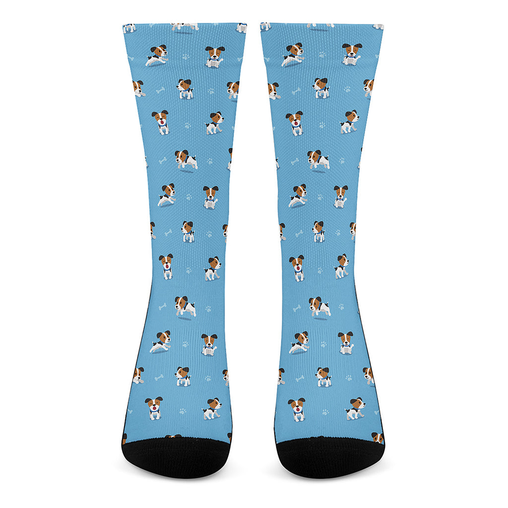 Blue Jack Russell Terrier Pattern Print Crew Socks