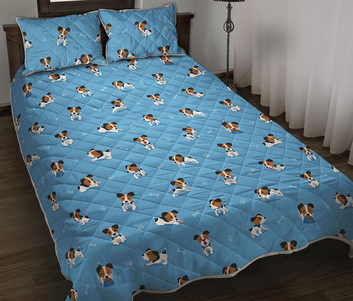 Blue Jack Russell Terrier Pattern Print Quilt Bed Set