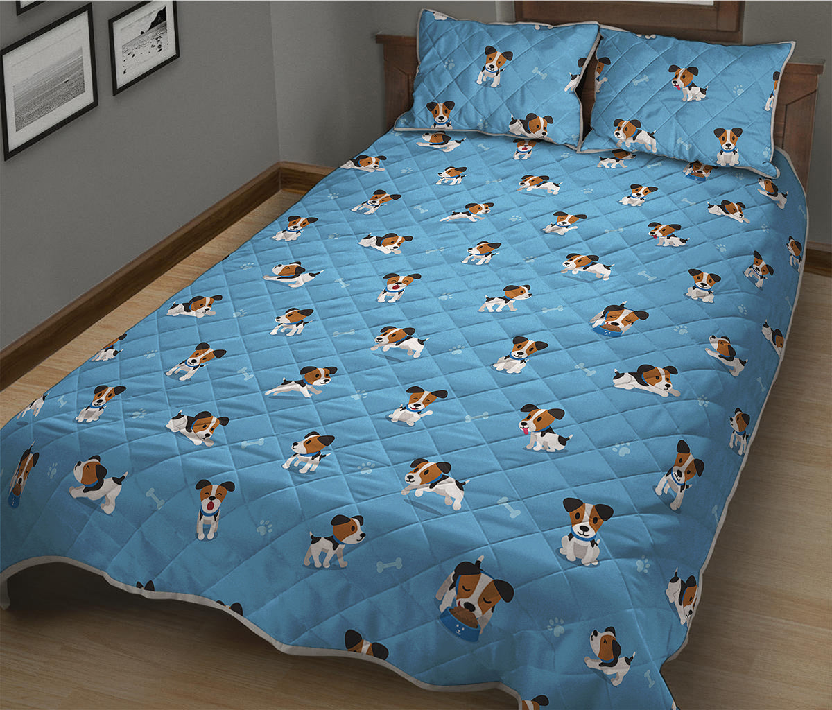 Blue Jack Russell Terrier Pattern Print Quilt Bed Set