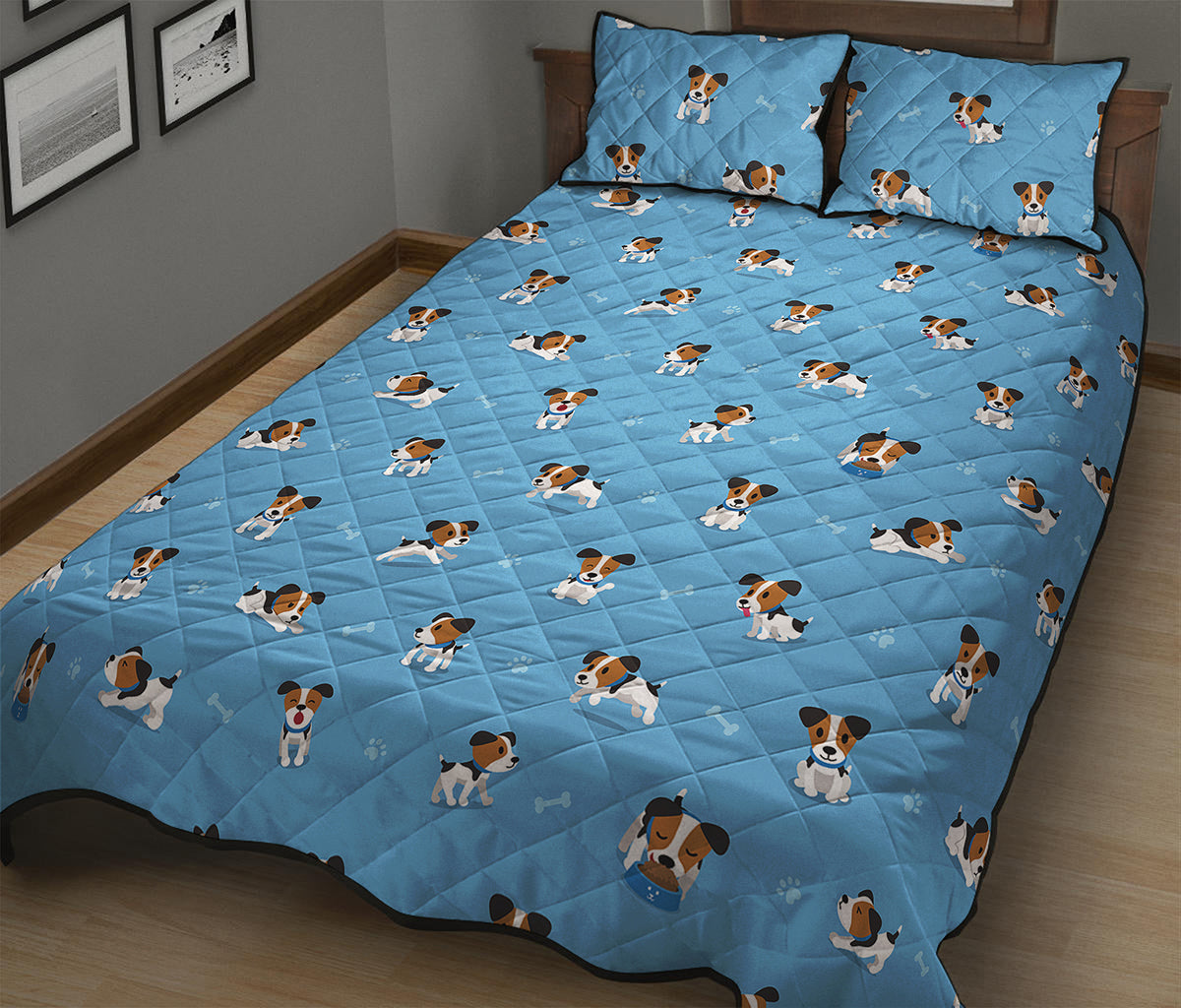 Blue Jack Russell Terrier Pattern Print Quilt Bed Set
