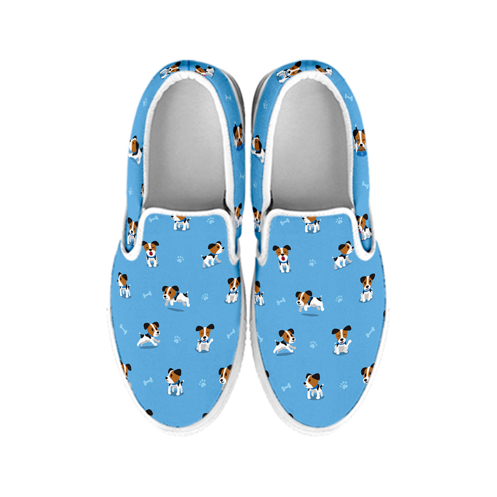 Blue Jack Russell Terrier Pattern Print White Slip On Shoes