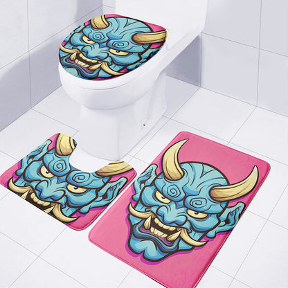 Blue Japanese Demon Print 3 Piece Bath Mat Set