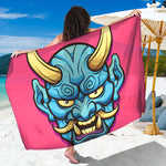 Blue Japanese Demon Print Beach Sarong Wrap