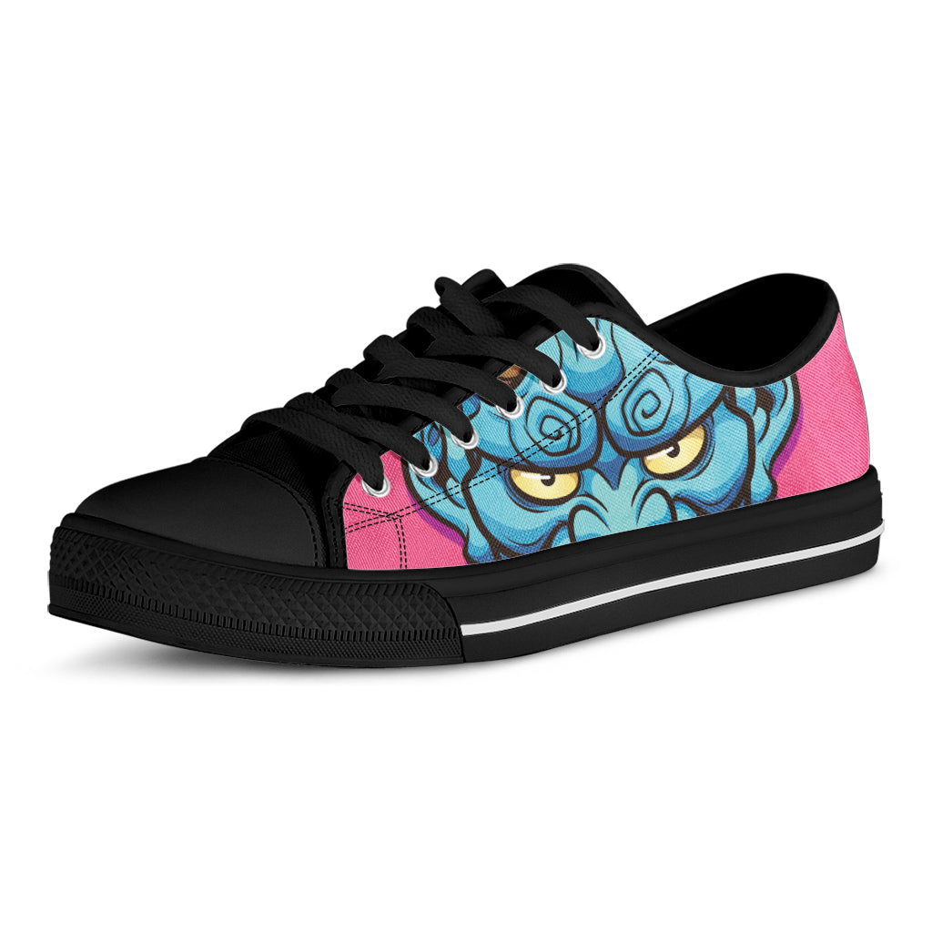 Blue Japanese Demon Print Black Low Top Shoes 