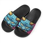 Blue Japanese Demon Print Black Slide Sandals