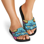 Blue Japanese Demon Print Black Slide Sandals