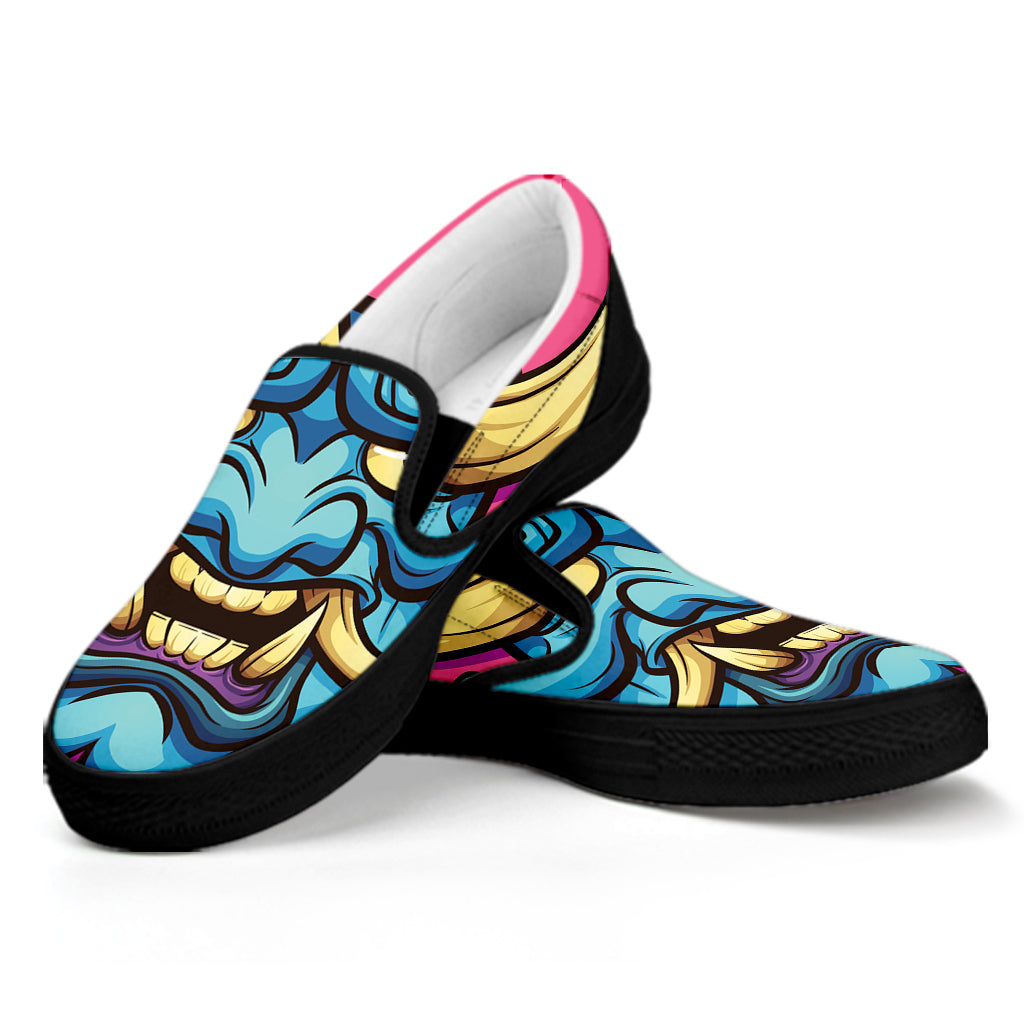 Blue Japanese Demon Print Black Slip On Shoes