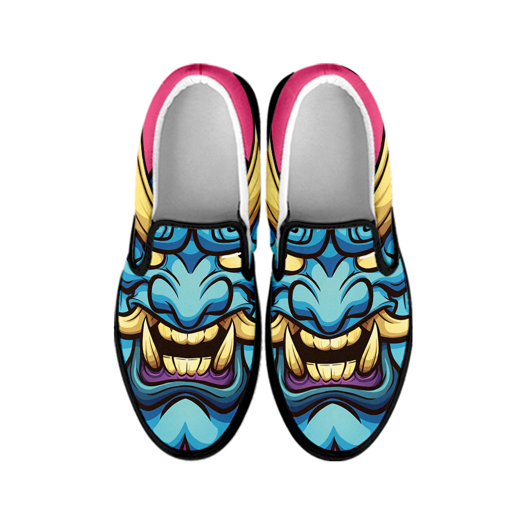 Blue Japanese Demon Print Black Slip On Shoes