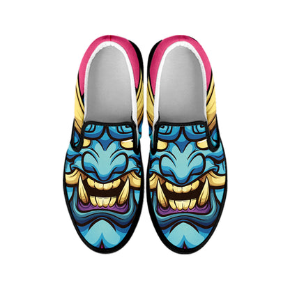 Blue Japanese Demon Print Black Slip On Shoes