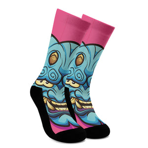 Blue Japanese Demon Print Crew Socks