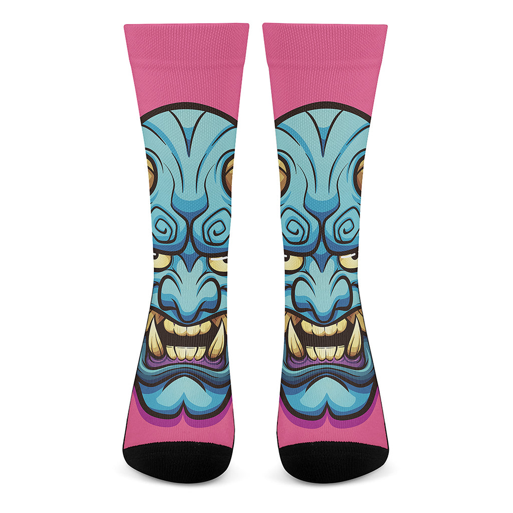 Blue Japanese Demon Print Crew Socks