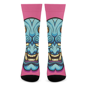 Blue Japanese Demon Print Crew Socks