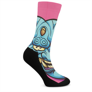 Blue Japanese Demon Print Crew Socks