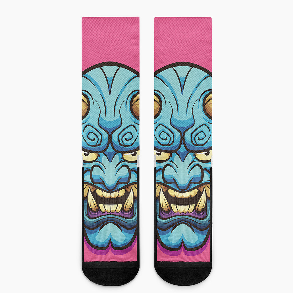 Blue Japanese Demon Print Crew Socks