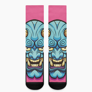 Blue Japanese Demon Print Crew Socks