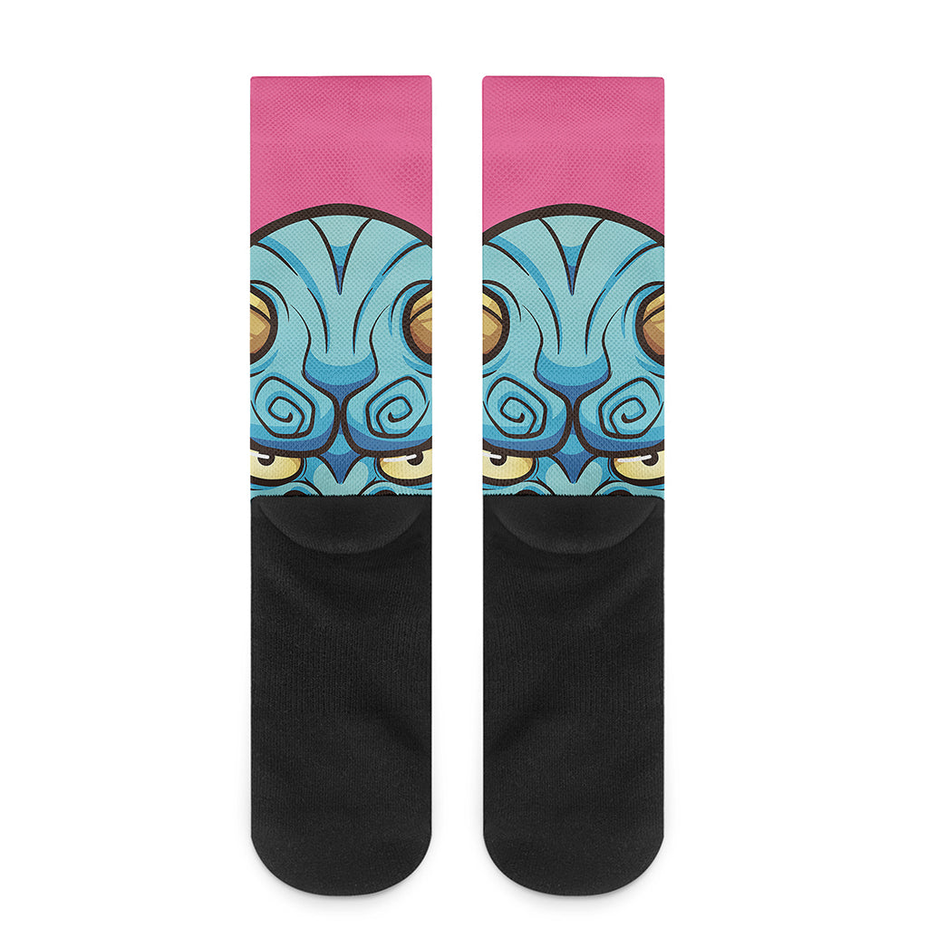 Blue Japanese Demon Print Crew Socks