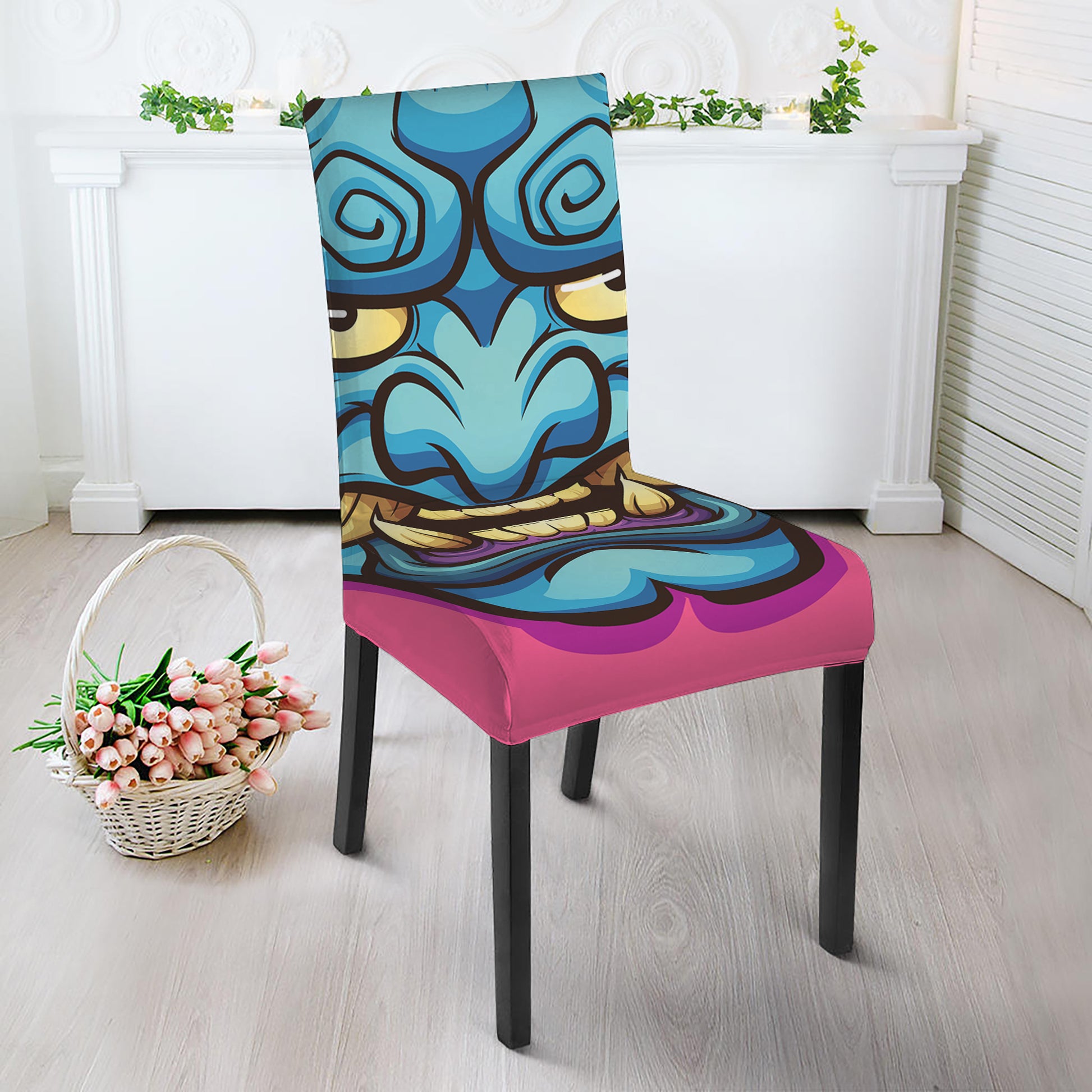 Blue Japanese Demon Print Dining Chair Slipcover