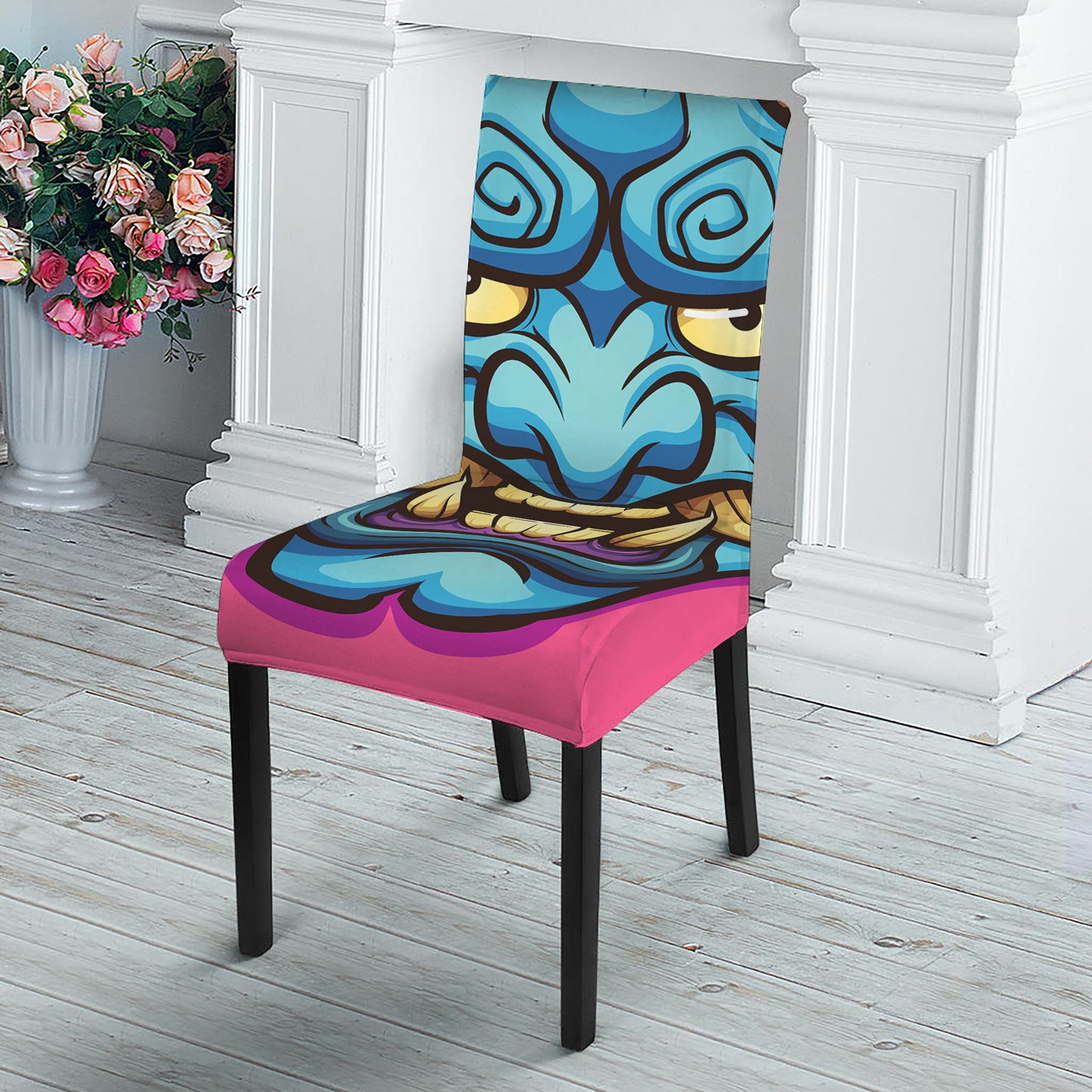 Blue Japanese Demon Print Dining Chair Slipcover