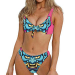 Blue Japanese Demon Print Front Bow Tie Bikini
