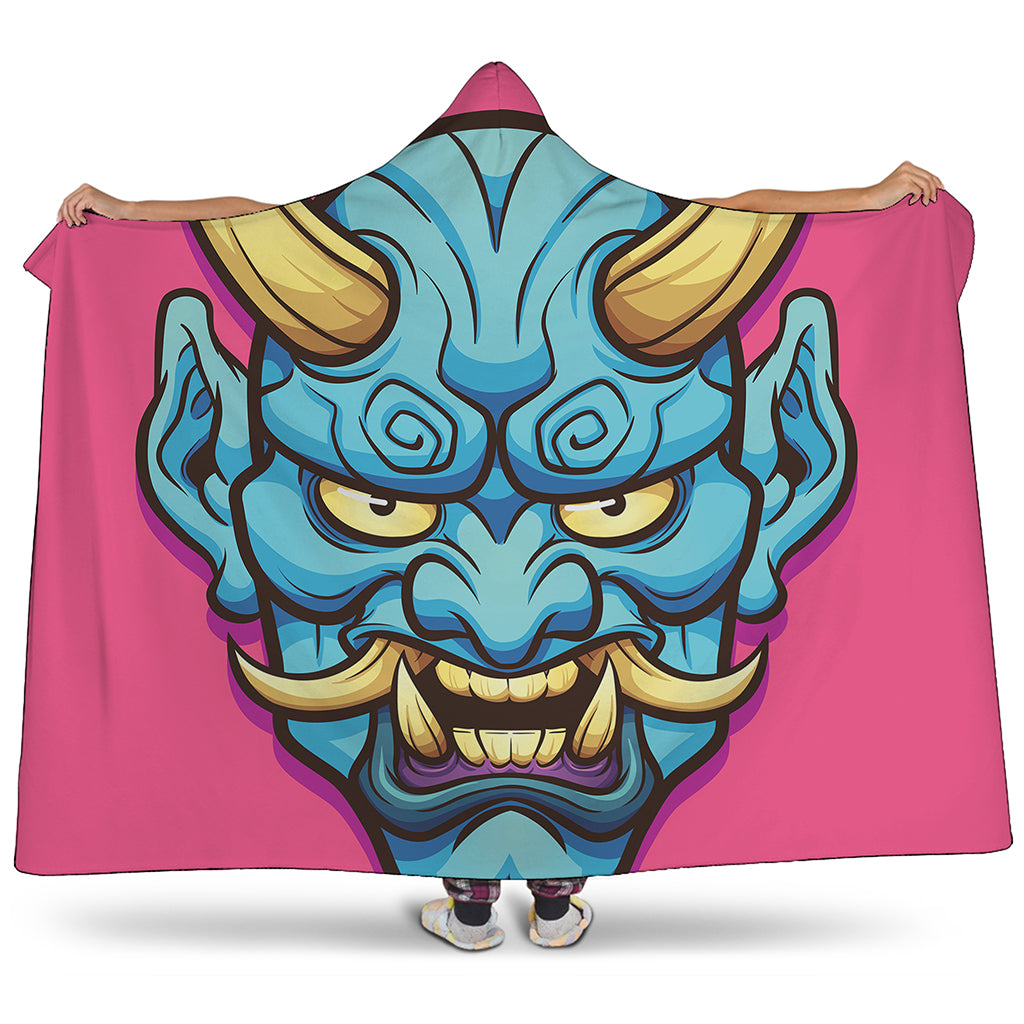 Blue Japanese Demon Print Hooded Blanket
