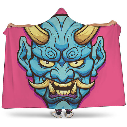 Blue Japanese Demon Print Hooded Blanket