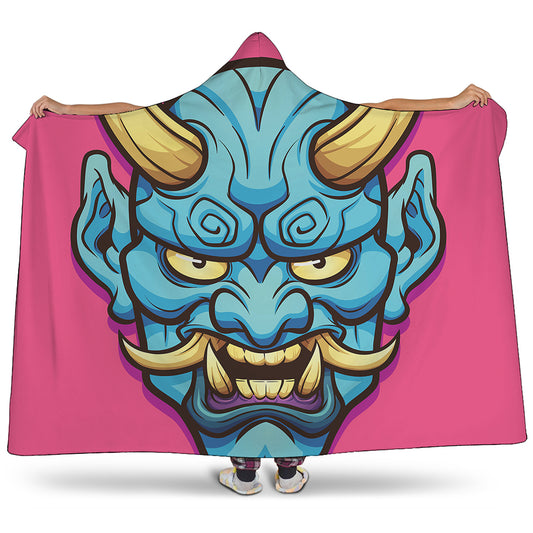 Blue Japanese Demon Print Hooded Blanket