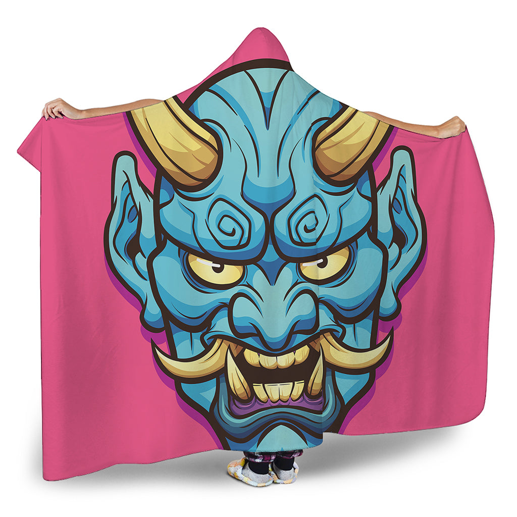 Blue Japanese Demon Print Hooded Blanket
