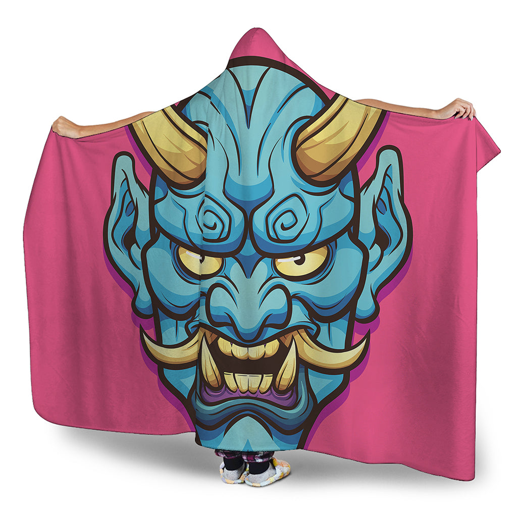 Blue Japanese Demon Print Hooded Blanket