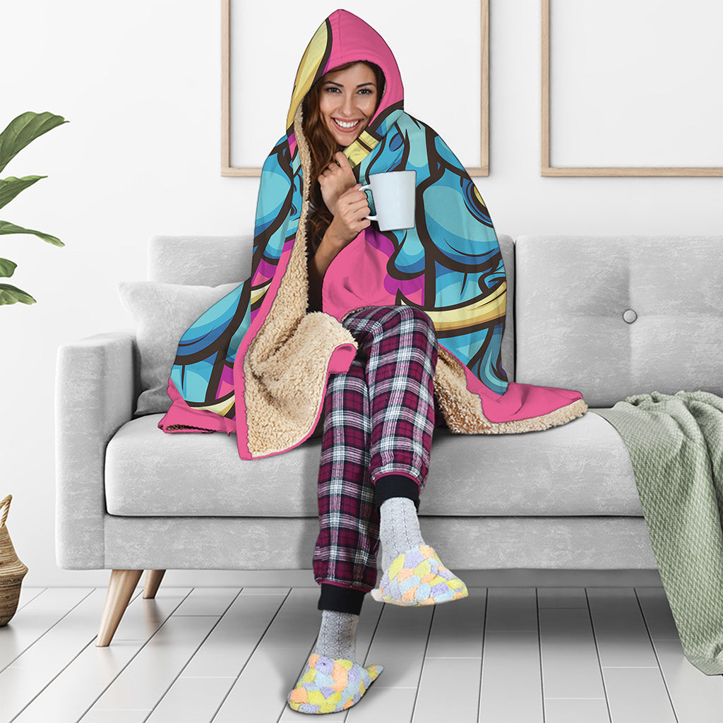 Blue Japanese Demon Print Hooded Blanket