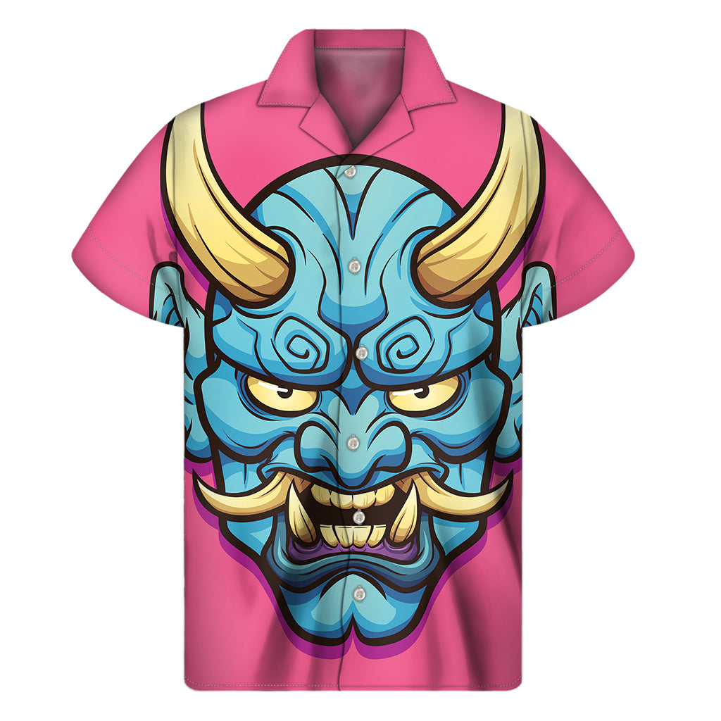 Blue Japanese Demon Print Men's Short Sleeve Shirt