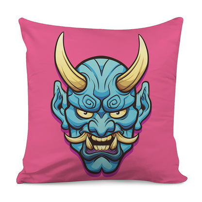 Blue Japanese Demon Print Pillow Cover