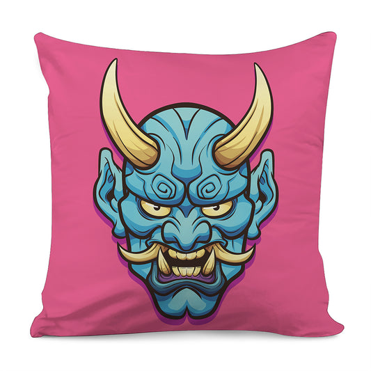 Blue Japanese Demon Print Pillow Cover