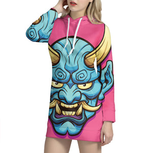 Blue Japanese Demon Print Pullover Hoodie Dress