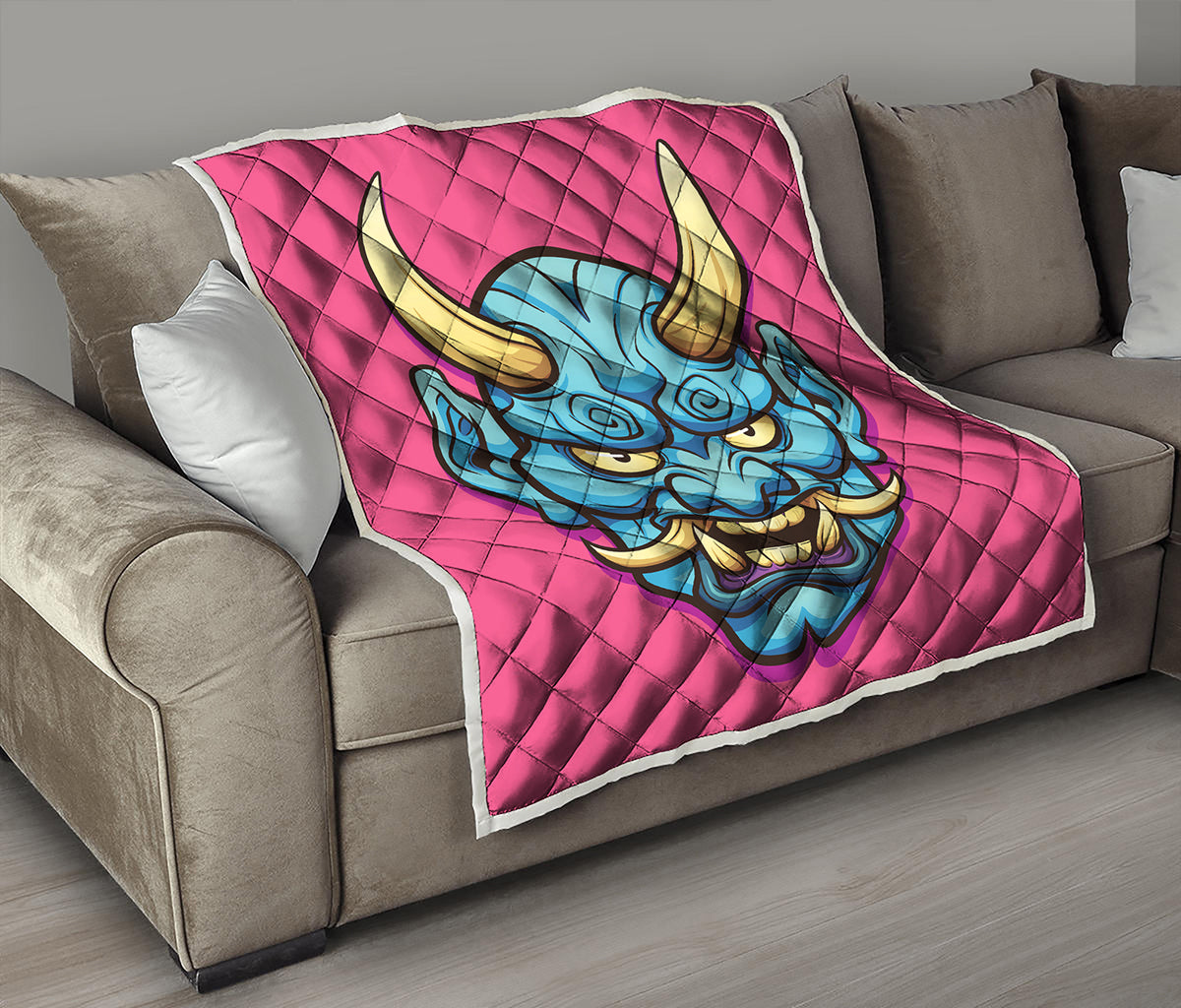 Blue Japanese Demon Print Quilt