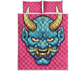 Blue Japanese Demon Print Quilt Bed Set