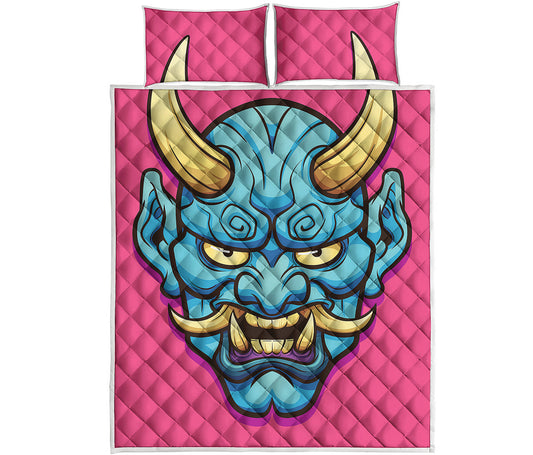 Blue Japanese Demon Print Quilt Bed Set
