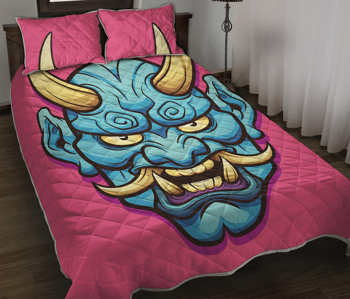 Blue Japanese Demon Print Quilt Bed Set