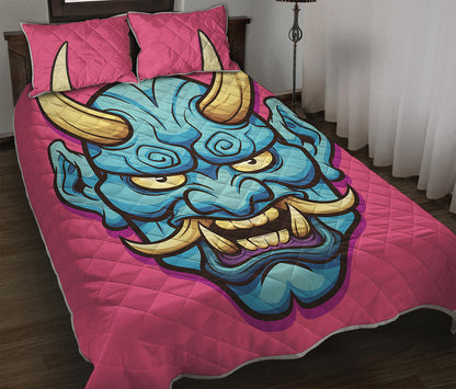 Blue Japanese Demon Print Quilt Bed Set