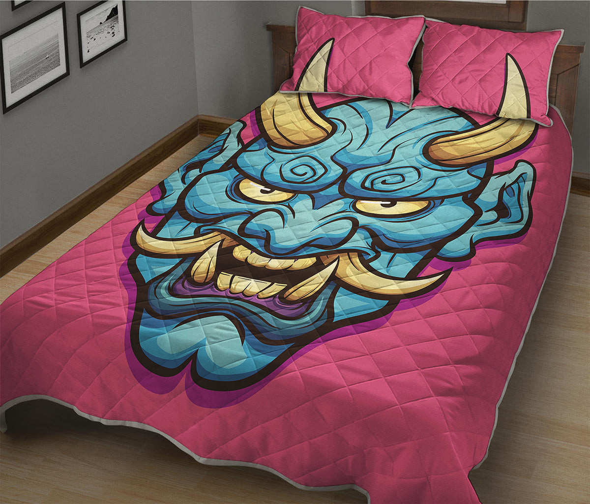 Blue Japanese Demon Print Quilt Bed Set