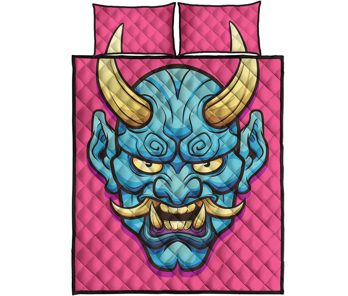 Blue Japanese Demon Print Quilt Bed Set
