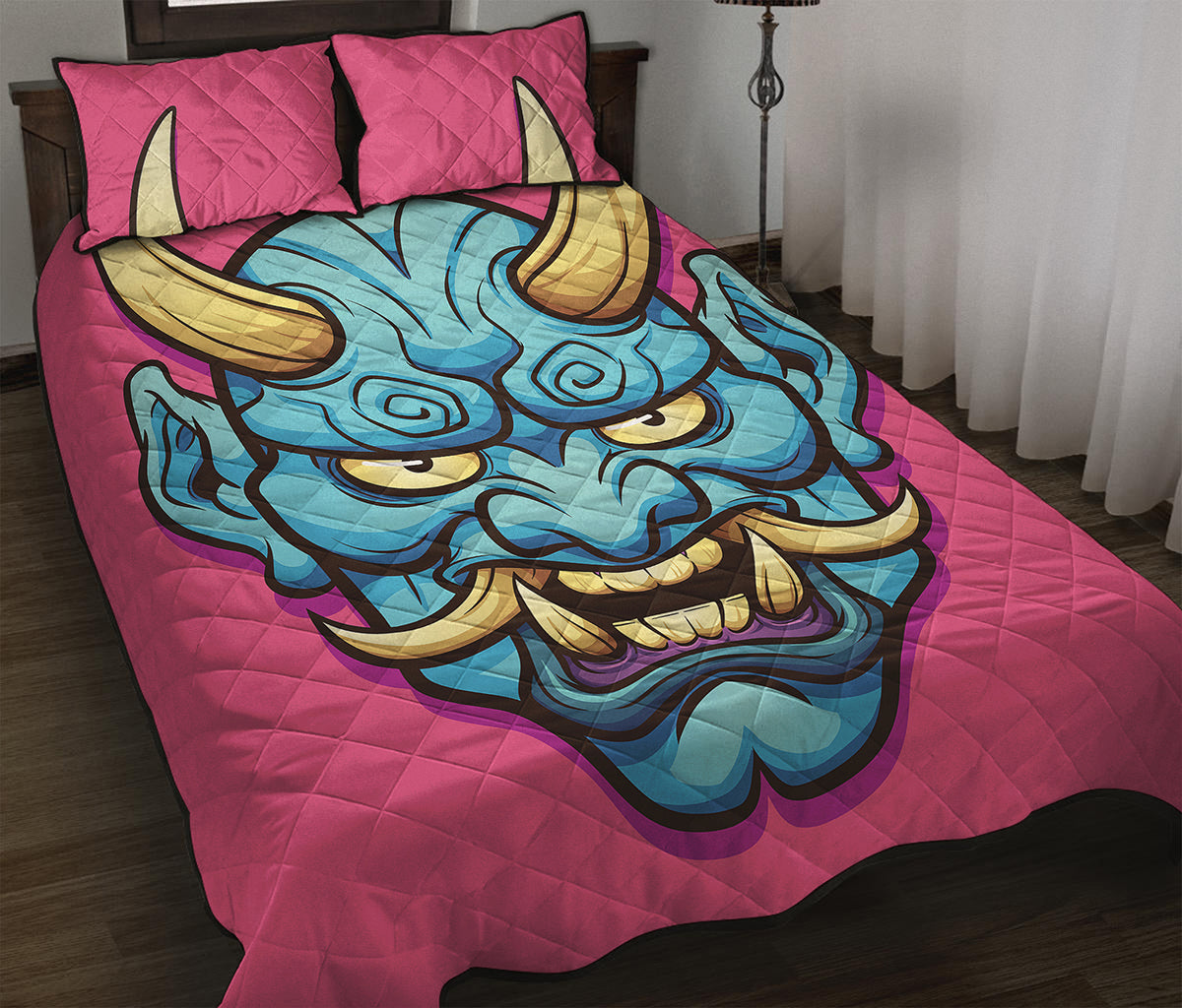 Blue Japanese Demon Print Quilt Bed Set
