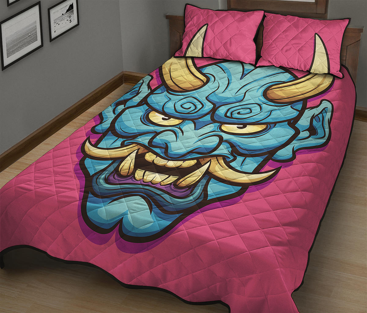 Blue Japanese Demon Print Quilt Bed Set