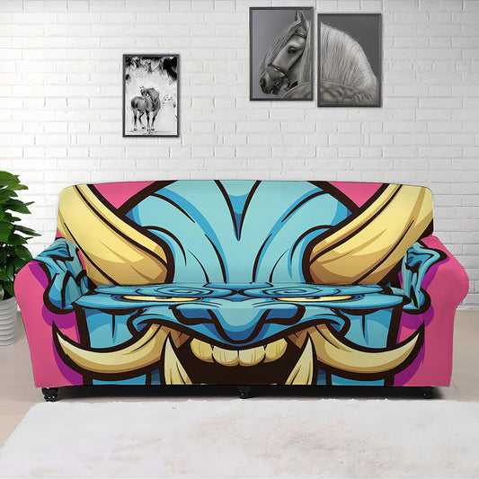 Blue Japanese Demon Print Sofa Cover