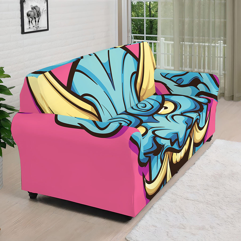 Blue Japanese Demon Print Sofa Cover