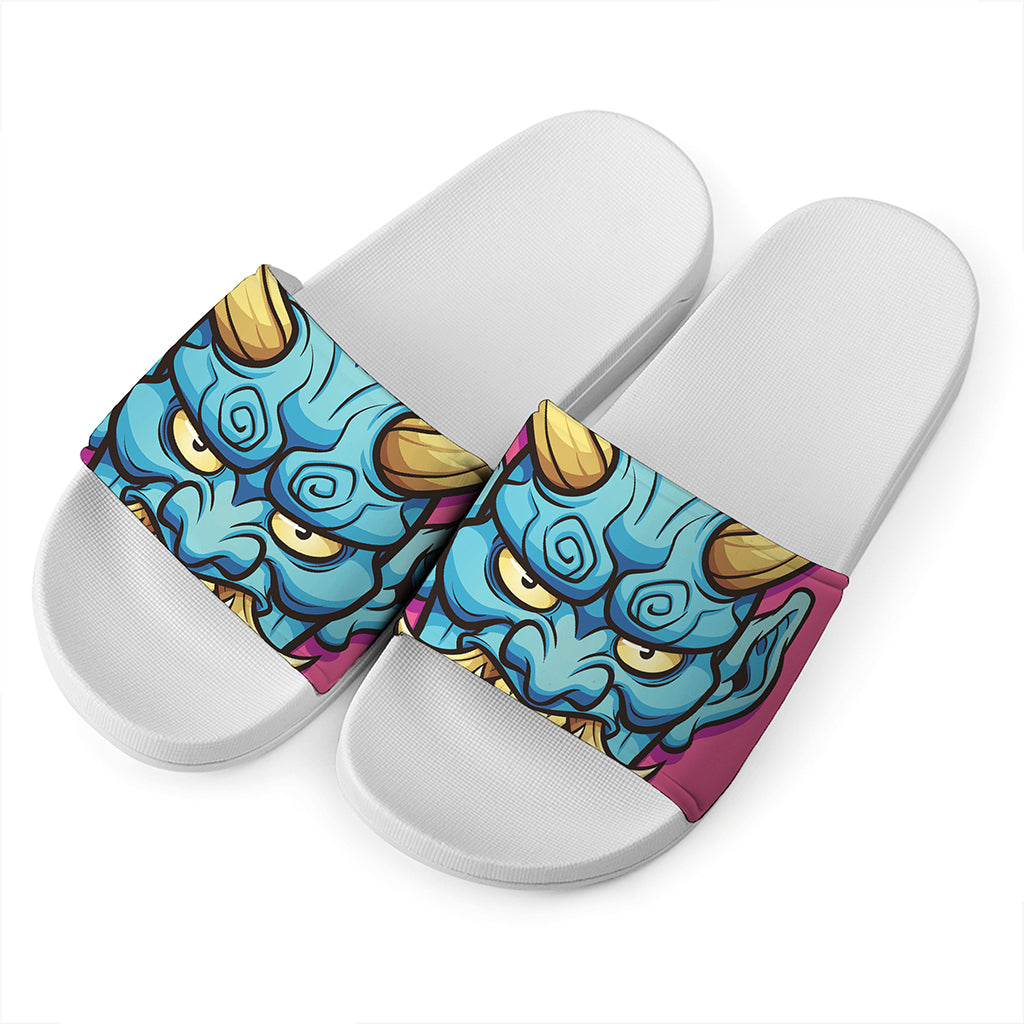 Blue Japanese Demon Print White Slide Sandals